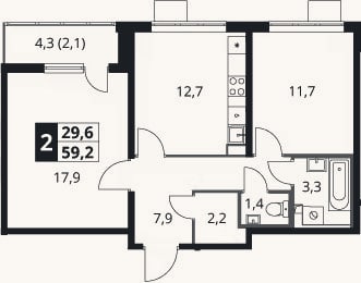 Планировка: 2-к, 57,1 м²