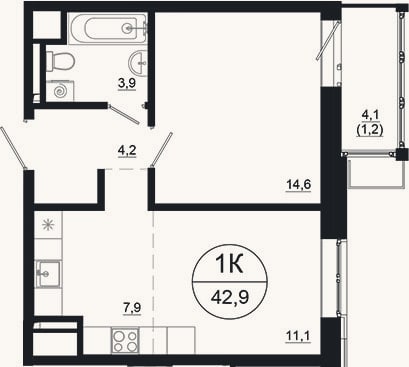 Планировка: 2-к, 41,7 м²