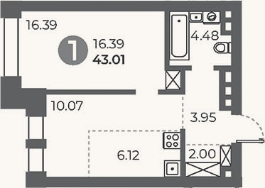 Планировка: 1-к, 43 м²