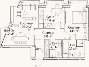 Планировка: 2-к, 66,8 м²