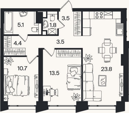 Планировка: 3-к, 66,3 м²