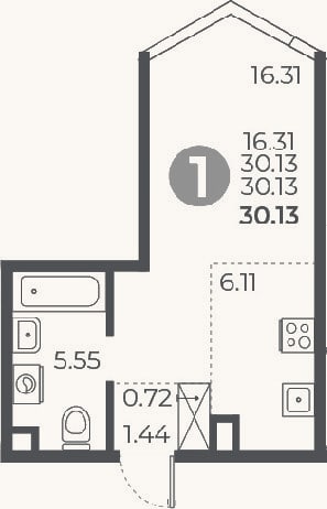 Планировка: Студия, 30,1 м²