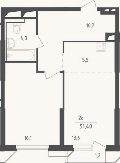 Планировка: 2-к, 50,2 м²
