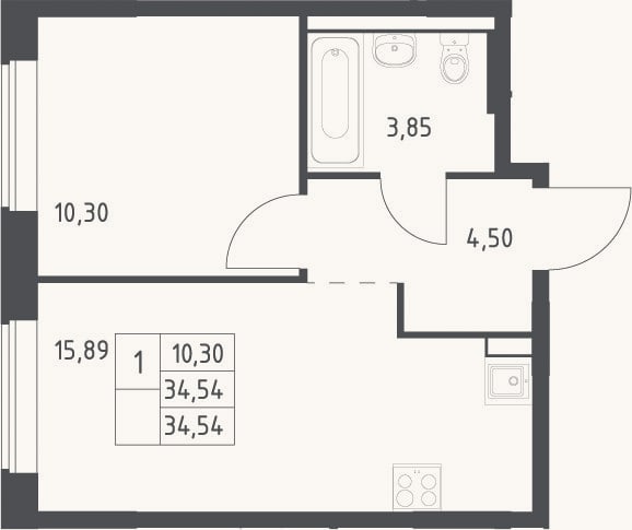 Планировка: 2-к, 34,5 м²