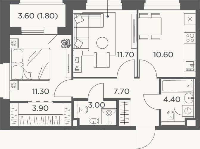 Планировка: 2-к, 52,6 м²