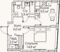 Планировка: 1-к, 37,6 м²
