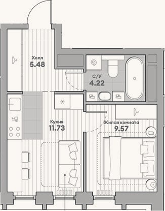 Планировка: 1-к, 31 м²