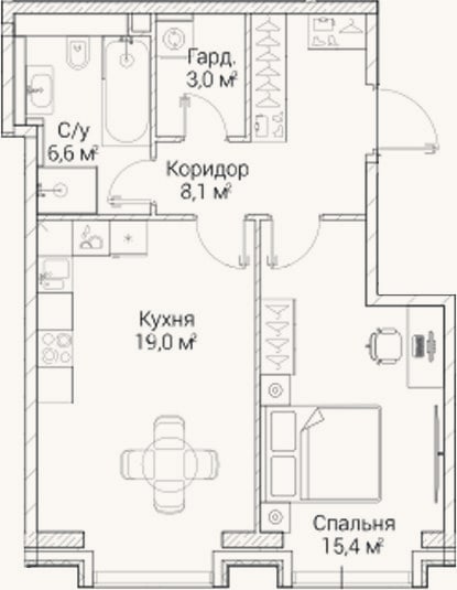 Планировка: 1-к, 52,1 м²