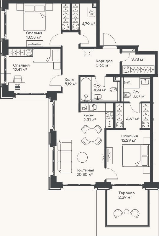 Планировка: 4+ к, 94 м²