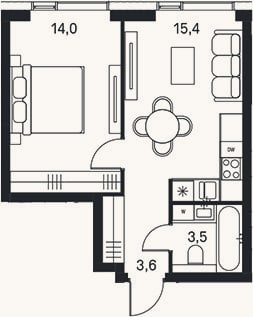 Планировка: 2-к, 36,5 м²