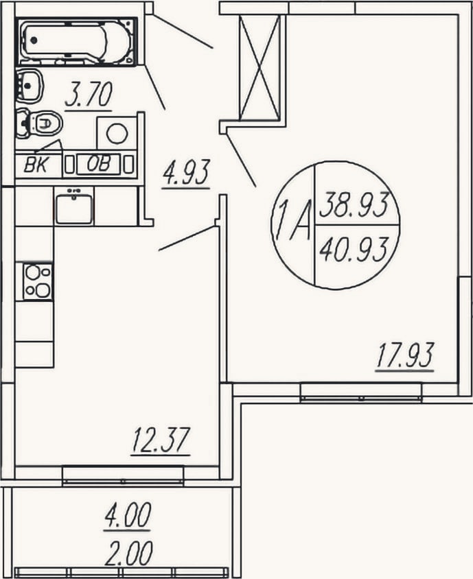 Планировка: 1-к, 38,9 м²