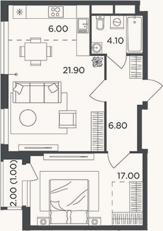 Планировка: 2-к, 55,8 м²