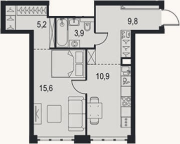 Планировка: 1-к, 45,4 м²