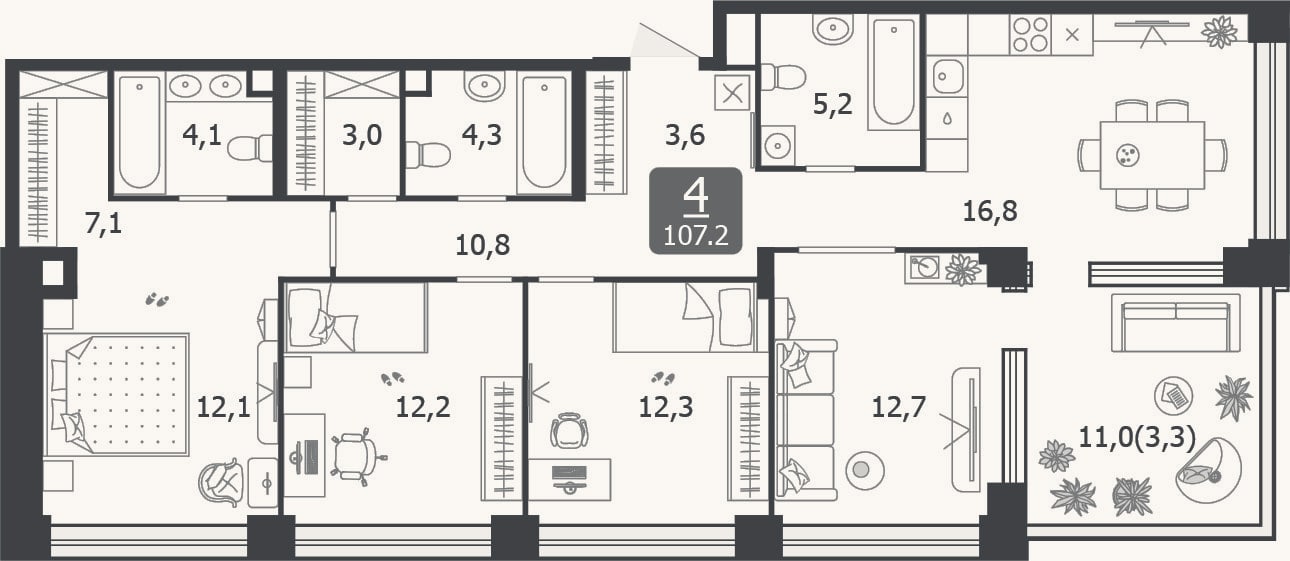 Планировка: 4+ к, 103,9 м²