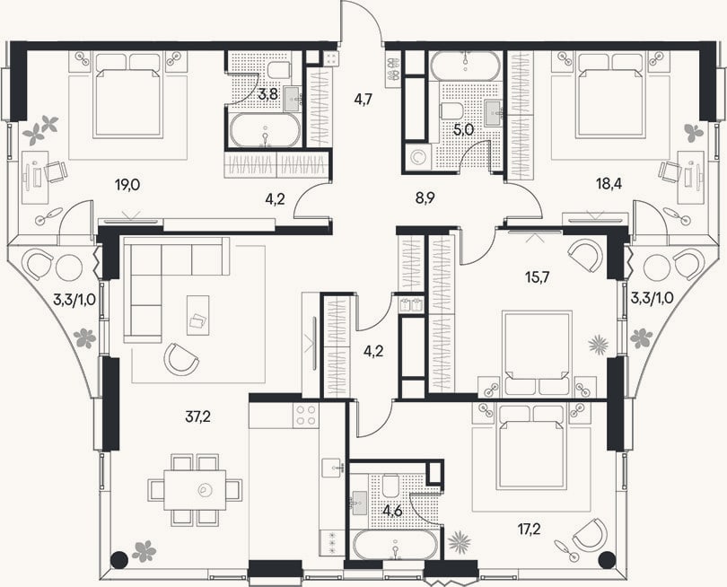 Планировка: 4+ к, 142,8 м²