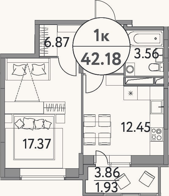 Планировка: 1-к, 40,3 м²