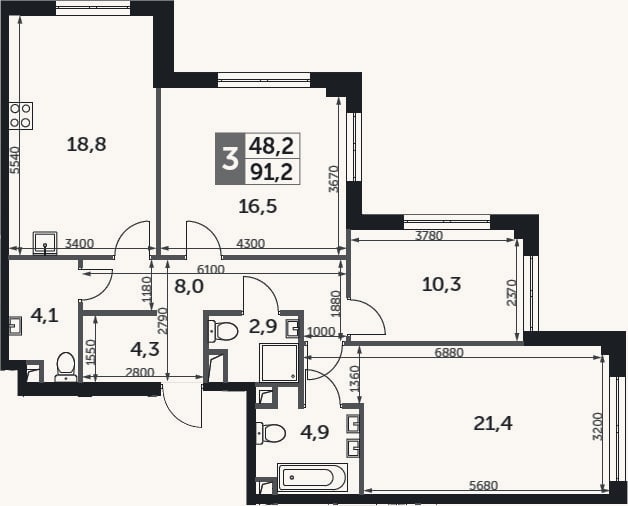 Планировка: 3-к, 91,2 м²