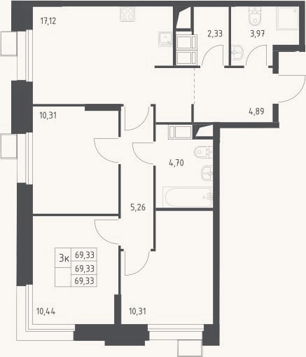 Планировка: 4+ к, 69,3 м²