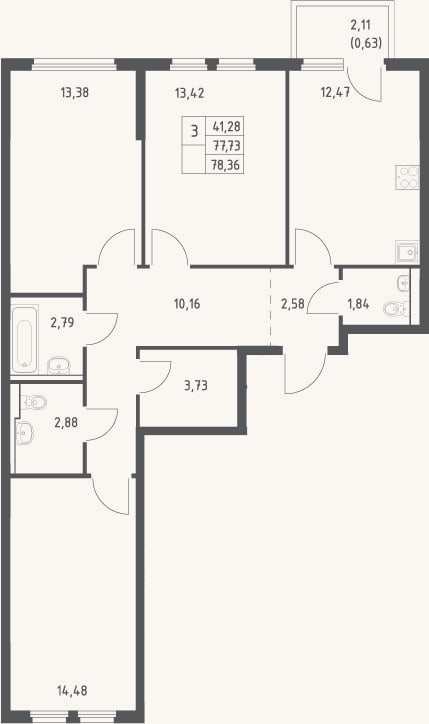 Планировка: 3-к, 77,7 м²