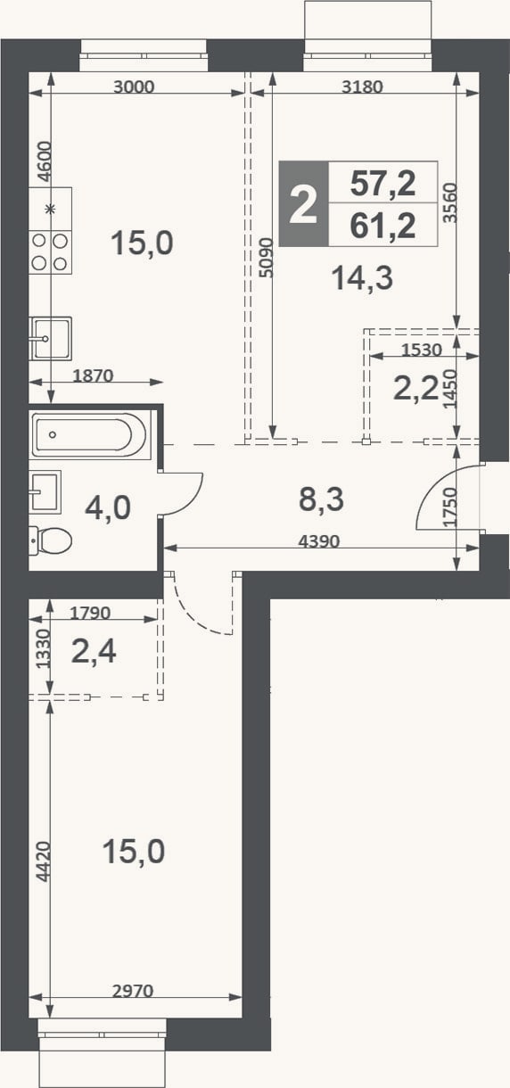 Планировка: 2-к, 61,2 м²