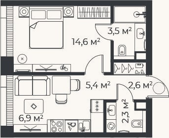 Планировка: 2-к, 35,3 м²
