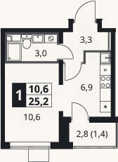 Планировка: 1-к, 23,8 м²