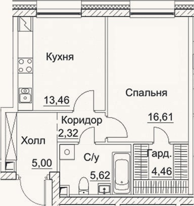 Планировка: 1-к, 47,5 м²