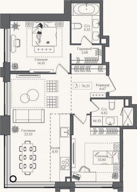 Планировка: 3-к, 76,2 м²