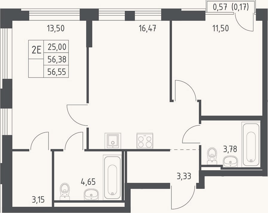 Планировка: 3-к, 56,4 м²
