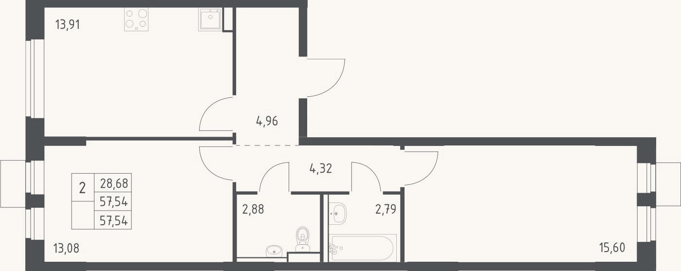 Планировка: 2-к, 57,5 м²