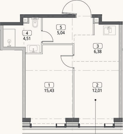 Планировка: 2-к, 43,4 м²