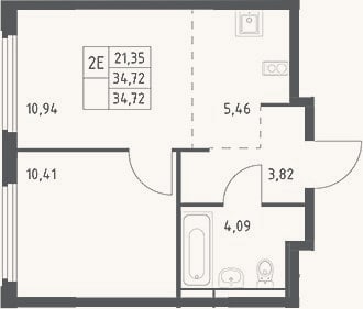 Планировка: 2-к, 34,7 м²