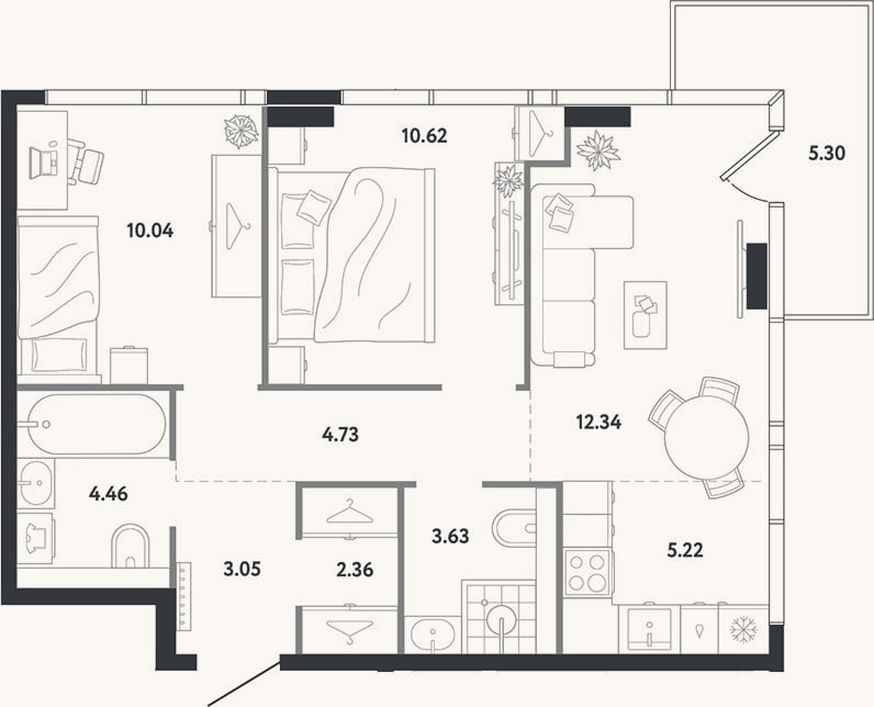 Планировка: 2-к, 56,5 м²