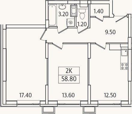 Планировка: 2-к, 58,8 м²