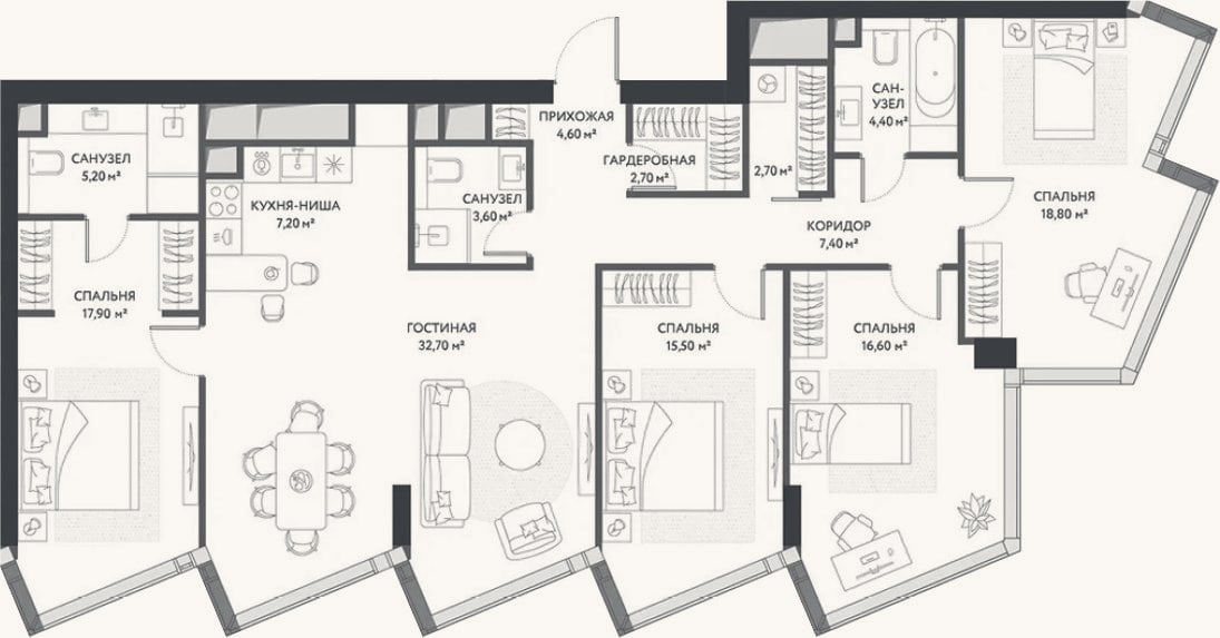 Планировка: 4+ к, 139,3 м²