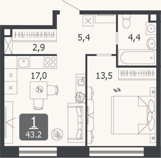 Планировка: 2-к, 43,2 м²
