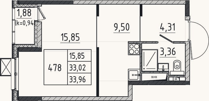 Планировка: Студия, 33 м²
