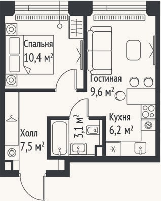 Планировка: 2-к, 36,7 м²