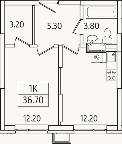 Планировка: 1-к, 36,7 м²