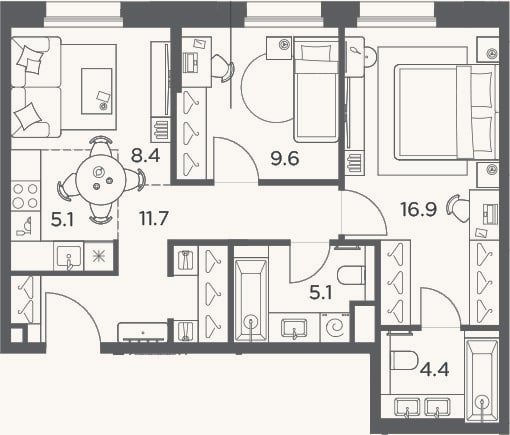 Планировка: 3-к, 61,2 м²