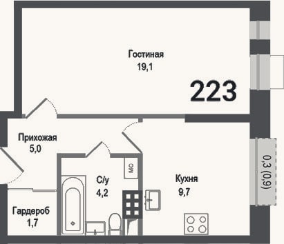 Планировка: 1-к, 39,6 м²