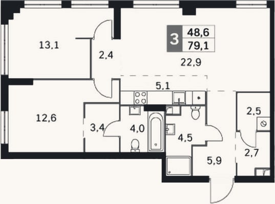 Планировка: 3-к, 79,1 м²