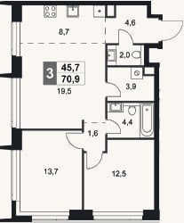 Планировка: 3-к, 70,9 м²
