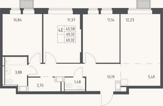 Планировка: 4+ к, 69,3 м²