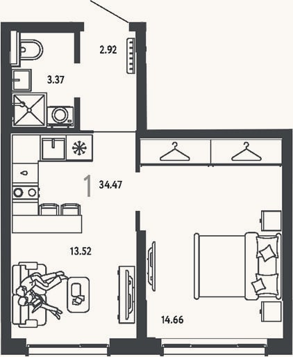 Планировка: 1-к, 34,5 м²