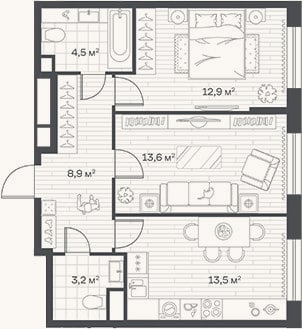 Планировка: 2-к, 56,6 м²