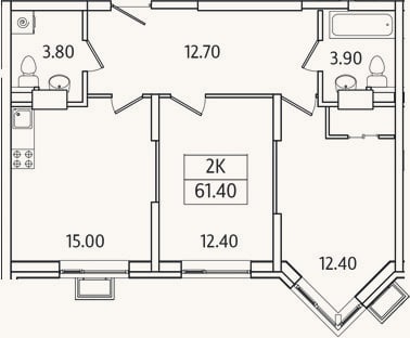 Планировка: 2-к, 61,4 м²