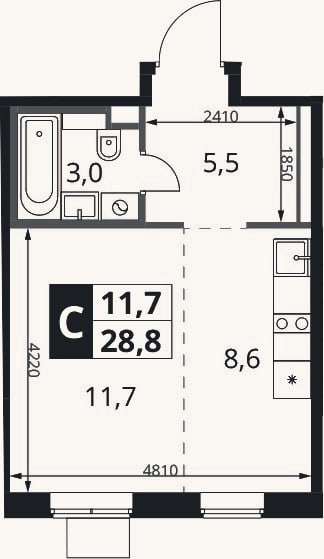 Планировка: Студия, 28,8 м²