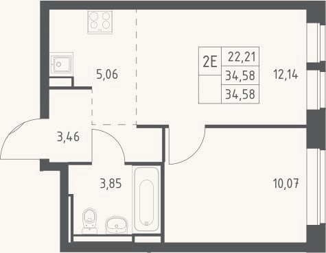 Планировка: 2-к, 34,6 м²