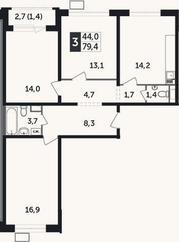 Планировка: 3-к, 79,4 м²